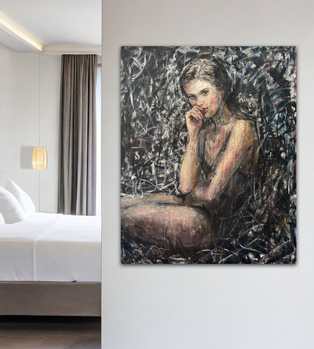 Expressive Portrait Acrylic Painting By Liubou Sas, 31 X 39", Without Any Words, Original Artwork