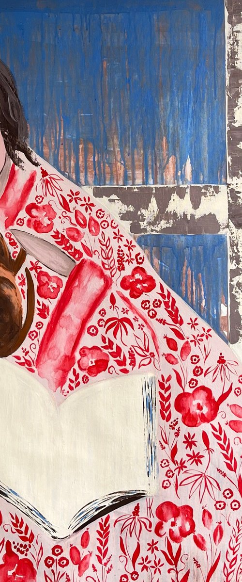 Woman Cat Reading Original Painting by Halyna Kirichenko