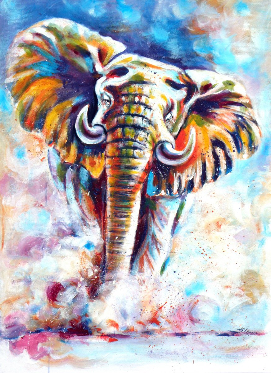 Expressive Animal Acrylic Painting By Kovacs Anna Brigitta, 20 X 28", Majestic Elephant Ii, Original Artwork