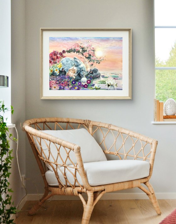 Floral garden with rabbits