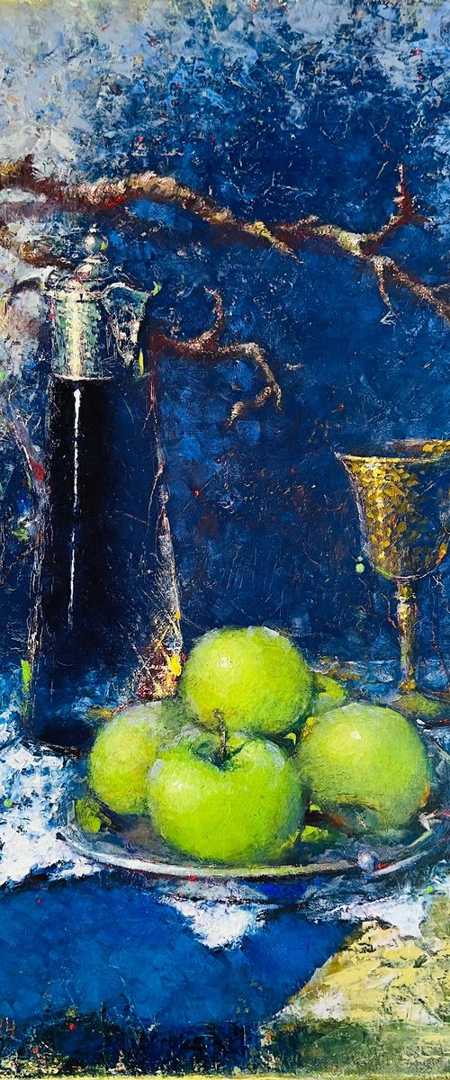 Green Apple Blue Still Life by Yulia Odukalets