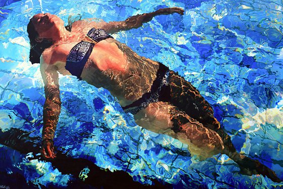 Adrift II - Extra large, statement swimming pool painting