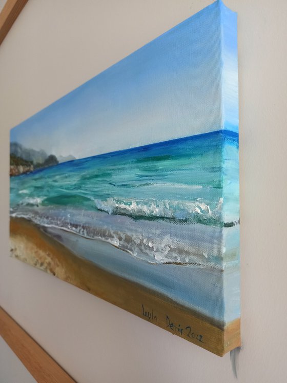 Coastal beach oil painting blue ocean landscape wall decor 10x20"