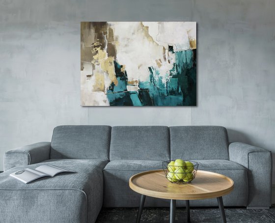 "Teal Flash 2" Abstract teal gold acrylic art