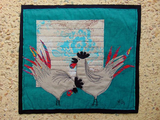 "Roosters" - textile collage