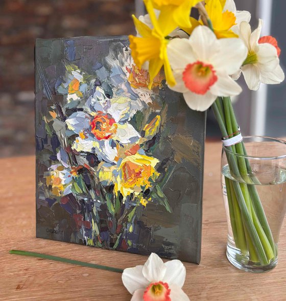 "Daffodils" palette knife oil painting