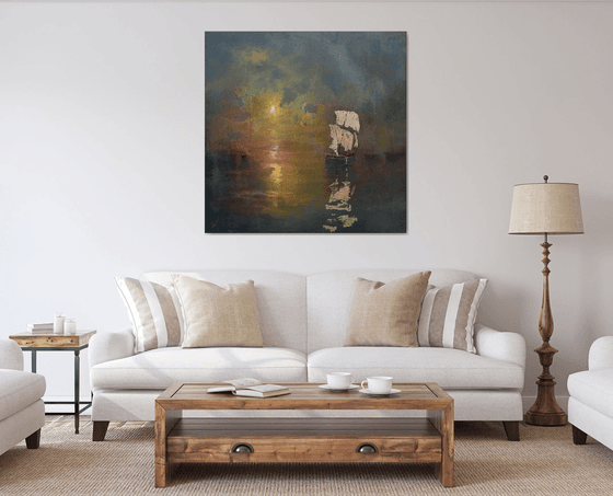 " Harbor of destroyed dreams - Emerald Night " W 110 x H 110 cm