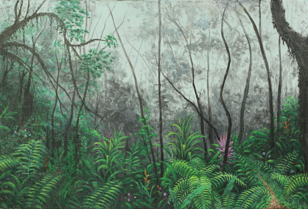 Photorealistic Landscape Acrylic Painting By John Howes, 24 X 16, Misty Morning In A Rainforest., Original Artwork