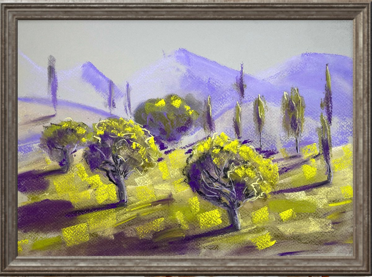 Abstract Pastel Drawing By Yuliia Sharapova, 26 X 22", Purple Mountians Green Grass, Original Artwork