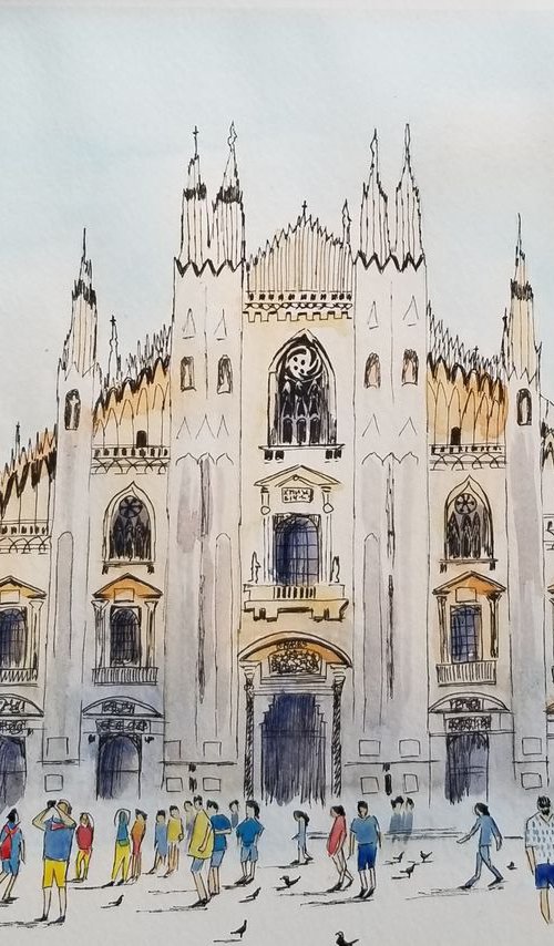 Milan Cathedral (Duomo di Milano). Original Watercolor Painting on Cold Press Paper 300 g/m or 140 lb/m. Cityscape Painting. Wall Art. 11" x 15". 27.9 x 38.1 cm. Unframed and unmatted. by Alexandra Tomorskaya/Caramel Art Gallery