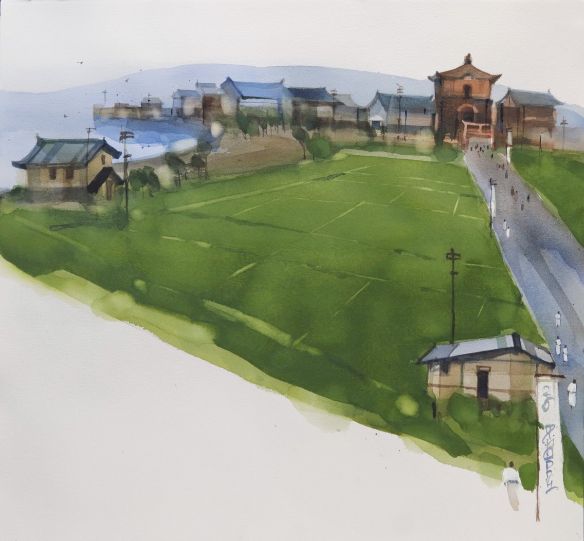 Impressionistic Landscape Watercolour By Prashant Prabhu, 24 X 21", Japanese Village In A Corner, Original Artwork