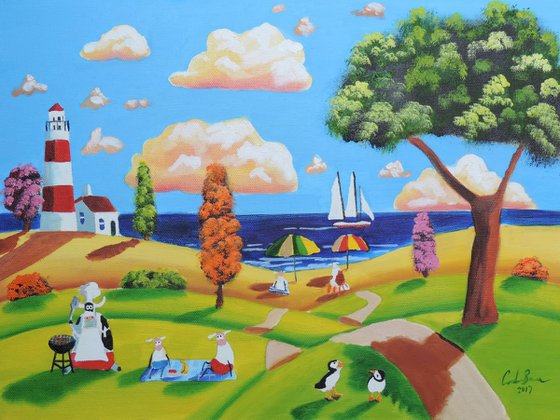 Seaside Folk art naive oil painting with cow and sheep