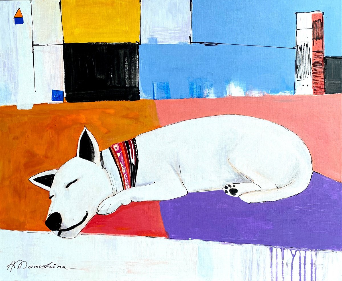 Impressionistic Animal Acrylic Painting By Anastasia Mamoshina, 18 X 15, Siesta In The City Of Dreams, Original Artwork