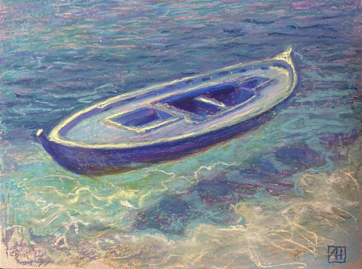 Impressionistic Landscape Pastel Drawing By Nataliia Zaharuk, 12 X 9", A Boat, Original Artwork