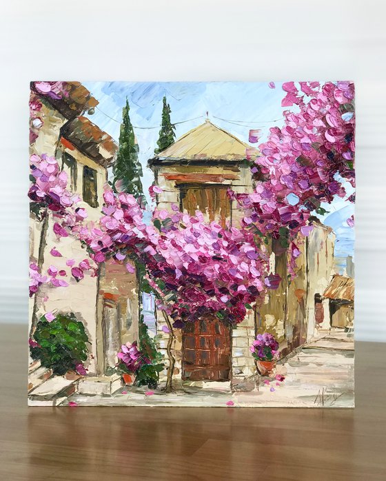 Romantic cityscape impasto painting 30x30cm