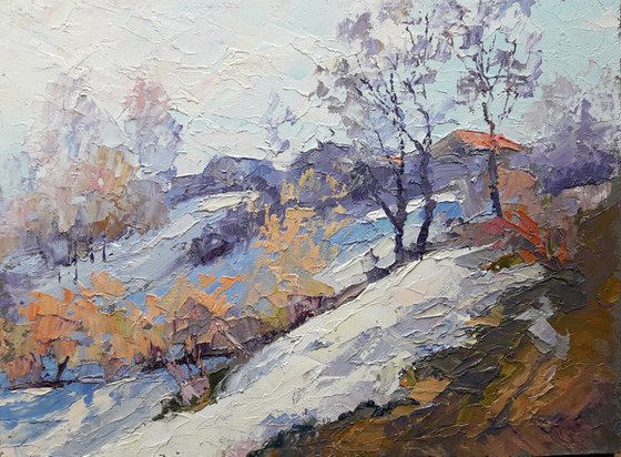 Oil painting Winter slope