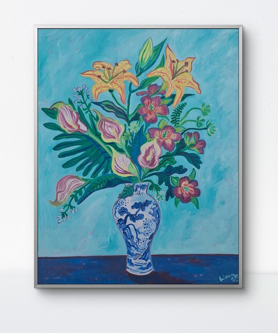 Tropical Bouquet in a Blue and White Vase