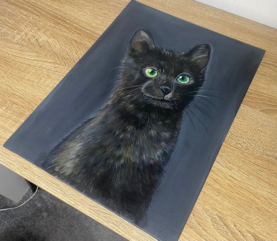 Midnight. Black cat on dark background painting