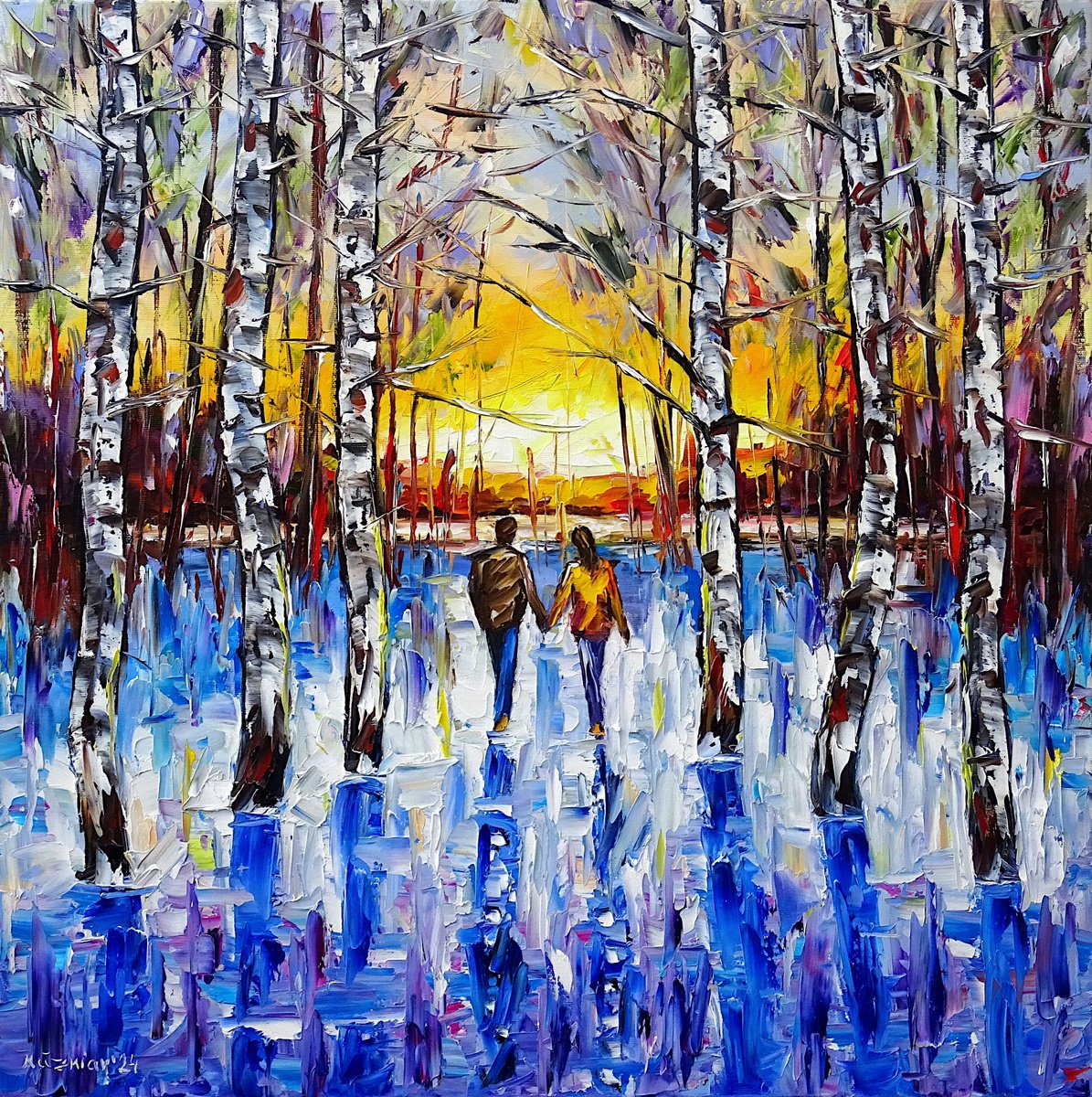 Expressive Landscape Oil Painting By Mirek Kuzniar, 24 X 24", Towards The Winter Evening Sun, Original Artwork