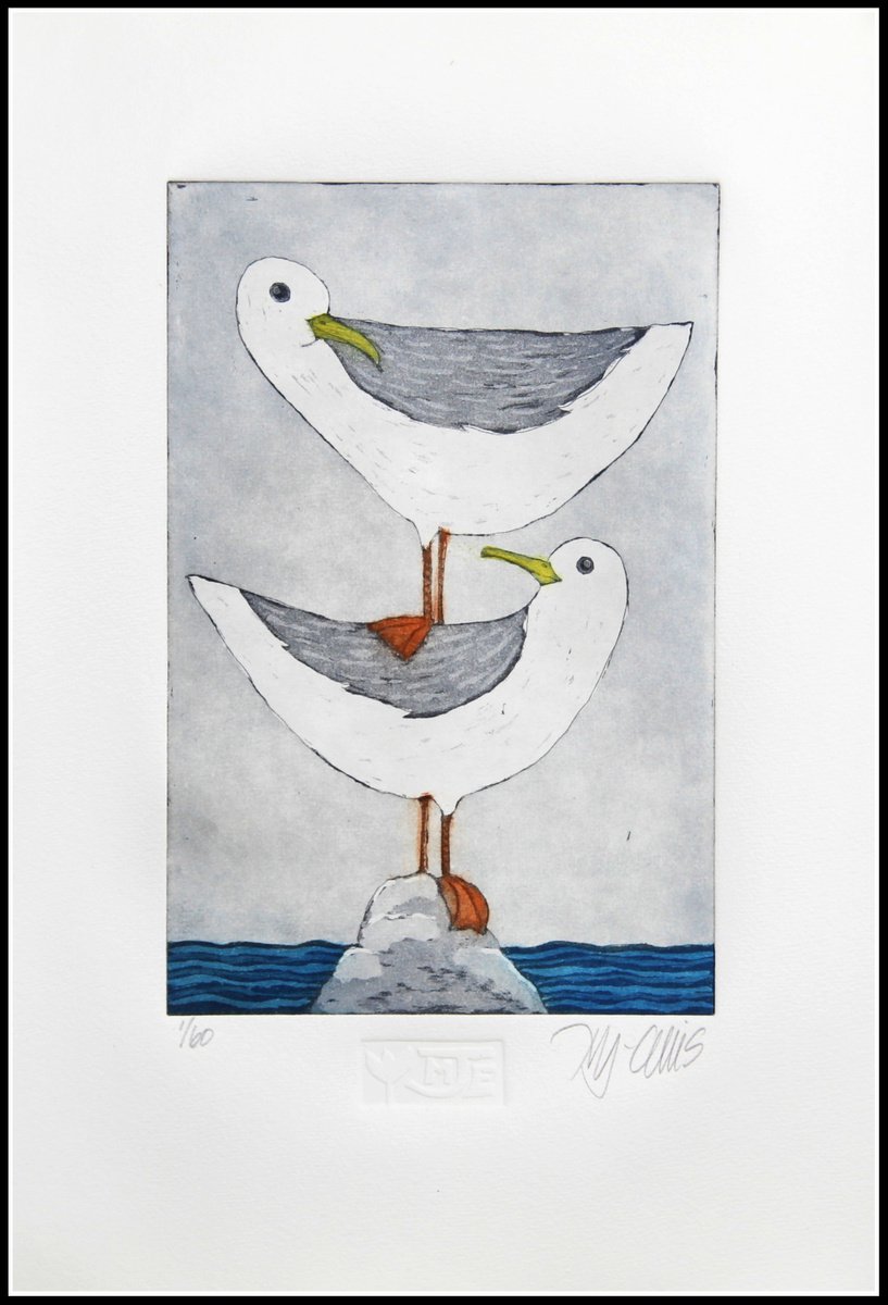 Seagulls, aquatint etching by Mariann Johansen-Ellis