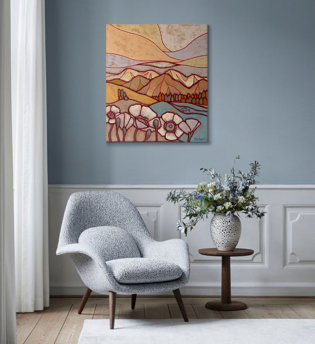 Abstract Botanical Oil Painting By Mary Voloshyna, 24 X 28", Poppies In The Mountains, Original Artwork