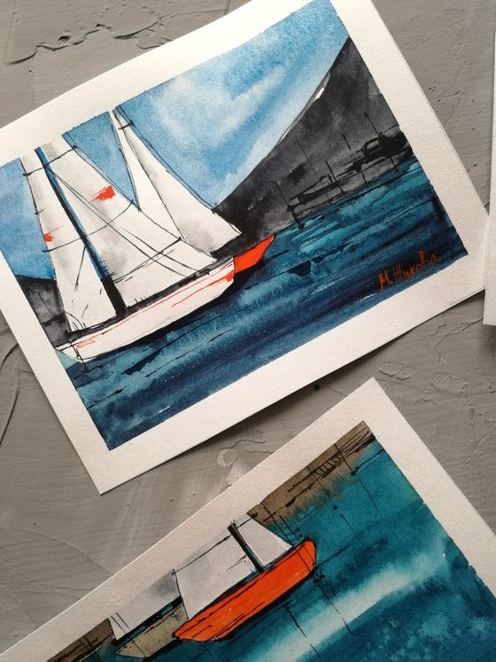 Set sailboat painting. Seascape