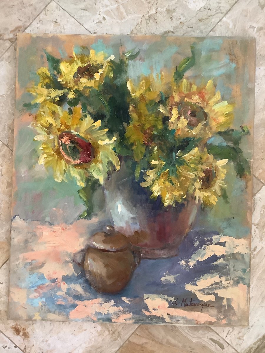 Impressionistic Still Life Oil Painting By Lia Matevosyan Haselton, 20 X 24", Sunflowers, Original Artwork