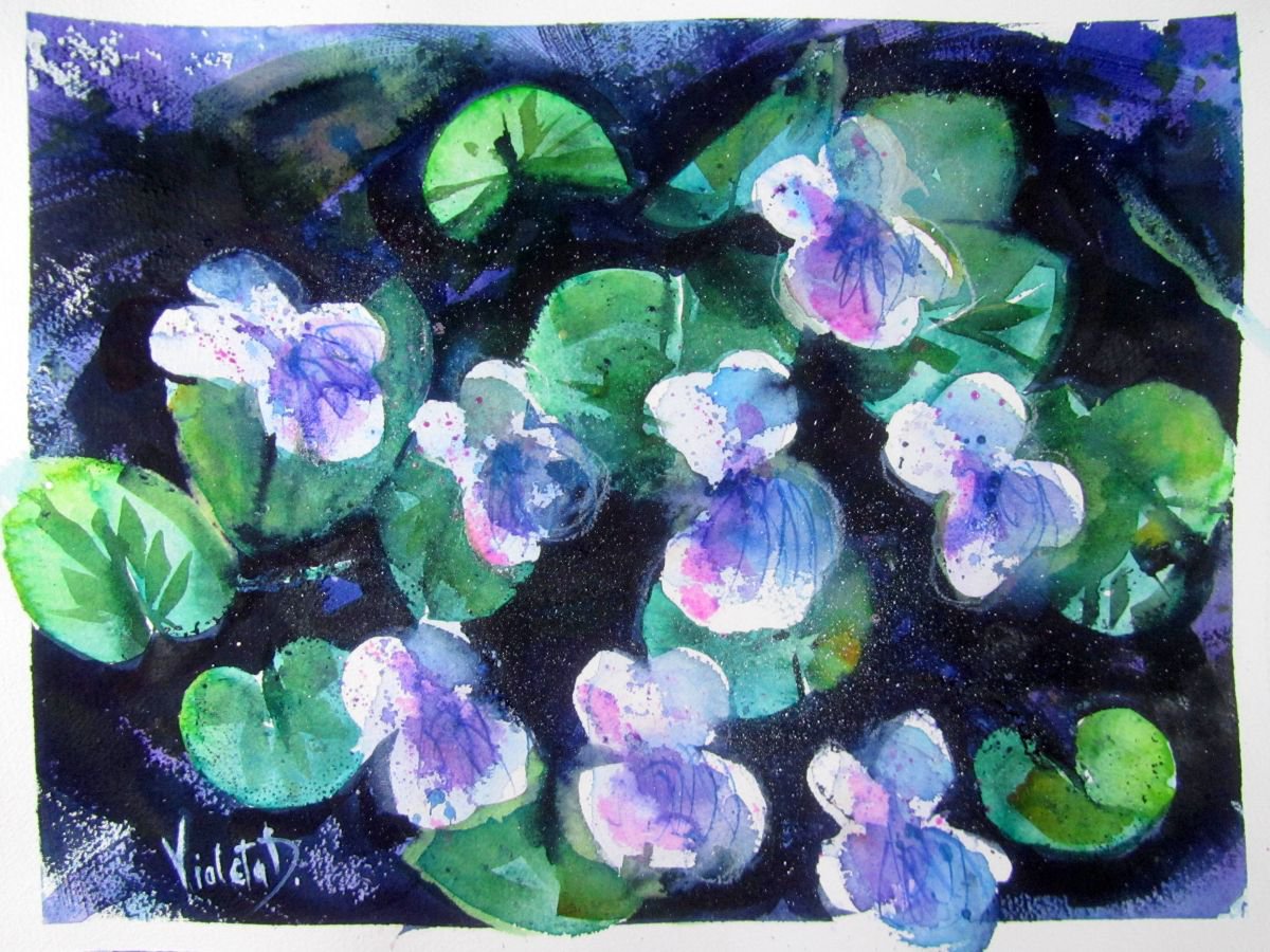 Blue Violets at Night by Violeta Damjanovic-Behrendt