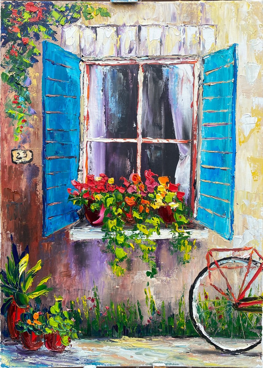 Impressionistic Botanical Oil Painting By Oksana Fedorova, 20 X 28", Window Flowers And Bice, Original Artwork