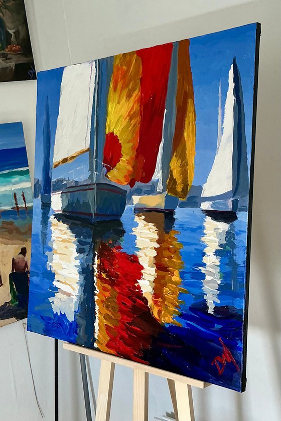 Sailing Hues in Crimson, Gold and white