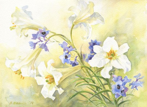 White lilies and blue delphinium / ORIGINAL watercolor 14x11in (38x28cm). by Olha Malko
