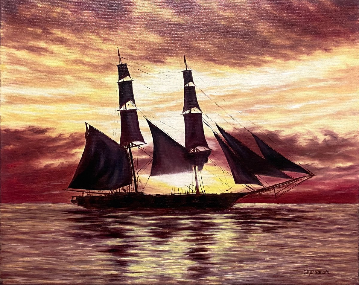 Sails in the orange sunset by Olga Kurbanova