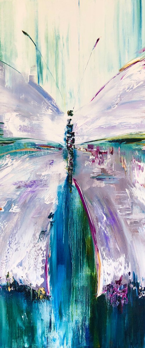 THE QUEEN OF SUMMER -Butterfly white wings. Wildlife abstraction. Very Peri. Abstract modern butterfly Delicate wings. Turquoise background. Ease. Flight. Charm. by Marina Skromova