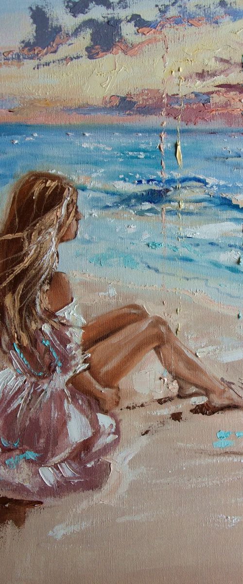 " MAGIC DAY ... "- SKY SEA SAND liGHt  ORIGINAL OIL PAINTING, GIFT, PALETTE KNIFE by Monika Luniak