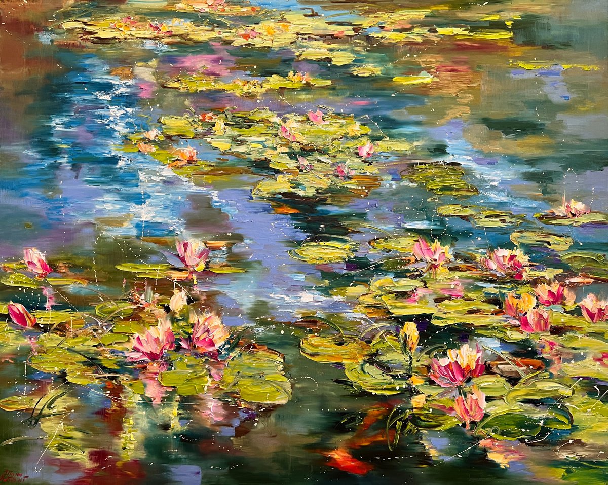 Impressionistic Landscape Oil Painting By Diana Malivani, 59 X 47, Blooming Water Lilies, Original Artwork