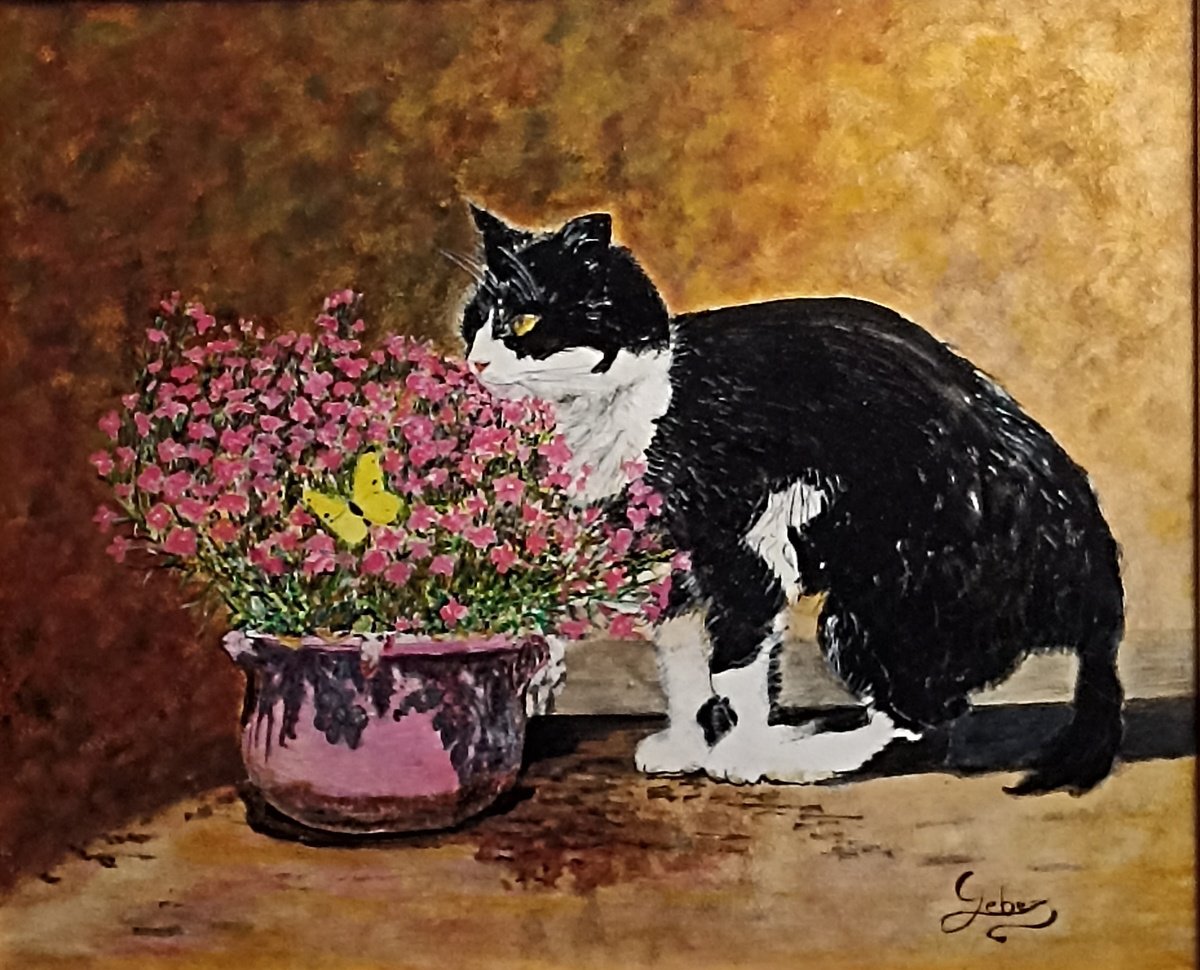 Photorealistic Animal Oil Painting By Isabelle Lucas, 23 X 20, Cat, Flowers And Butterfly, Original Artwork