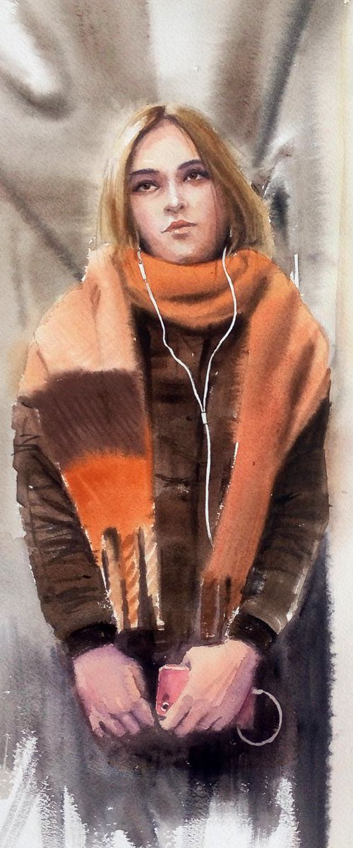Subway Madonna - Portrait of Y by Olga Beliaeva Watercolour