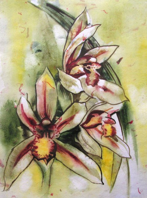 orchid painting on hand made flower paper by Alfred  Ng