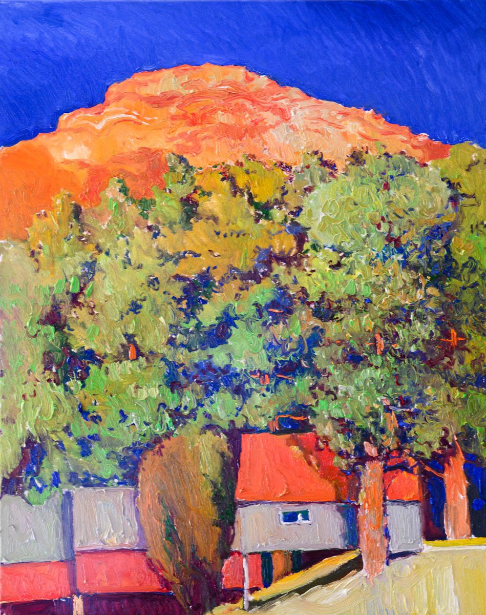 Expressive Landscape Oil Painting By Suren Nersisyan, 24 X 30", Pine Trees And Houses, Original Artwork