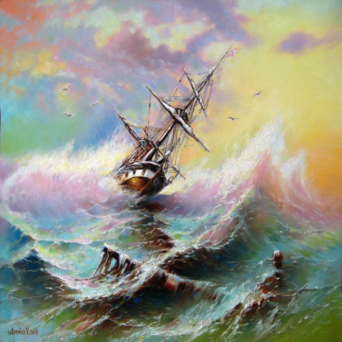 Photorealistic Landscape Oil Painting By Vladimir Lutsevich, 24 X 22", Storm At Sea, Original Artwork