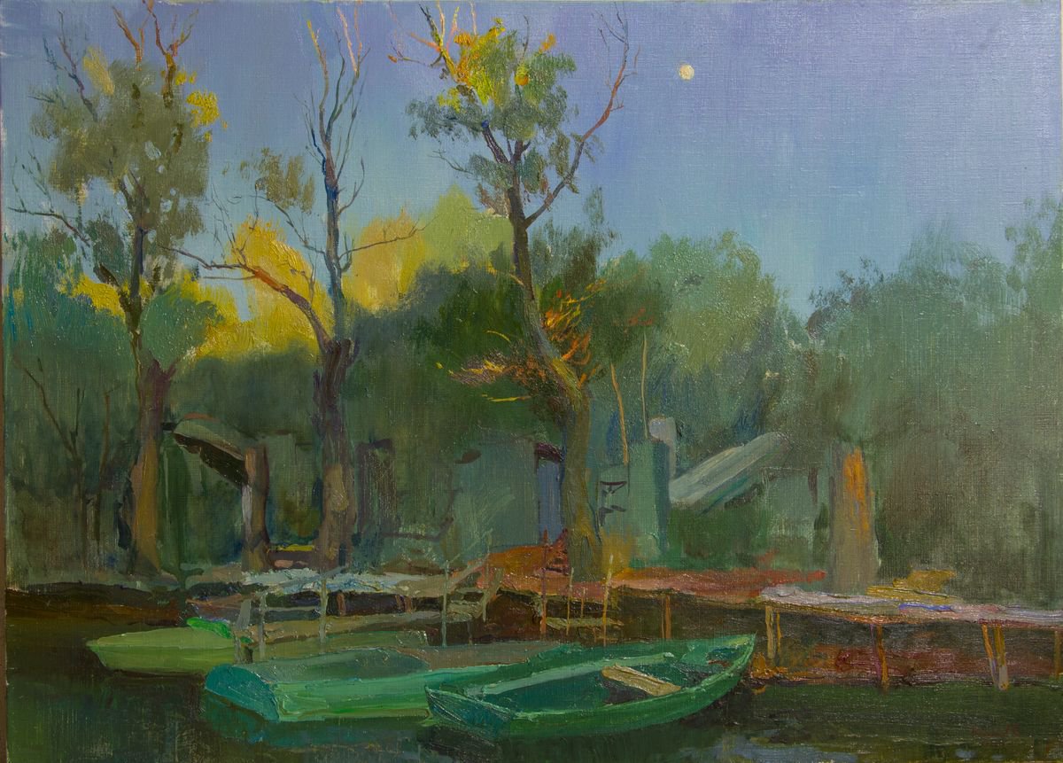 Impressionistic Landscape Oil Painting By Sergey Kostov, 28 X 20", The Moonrise, Original Artwork