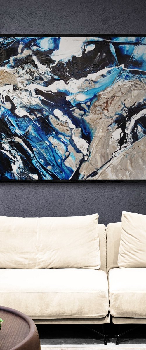 Midnight Flow 190cm x 100cm Blue Black Grey Textured Abstract Art by Franko