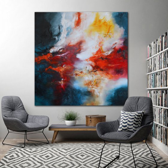 Solar flares II - 60"x60" square red and blue abstract painting