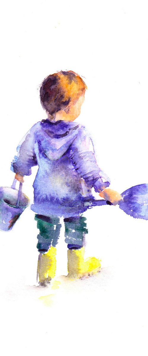 Child with bucket and spade - original watercolour painting by Anjana Cawdell