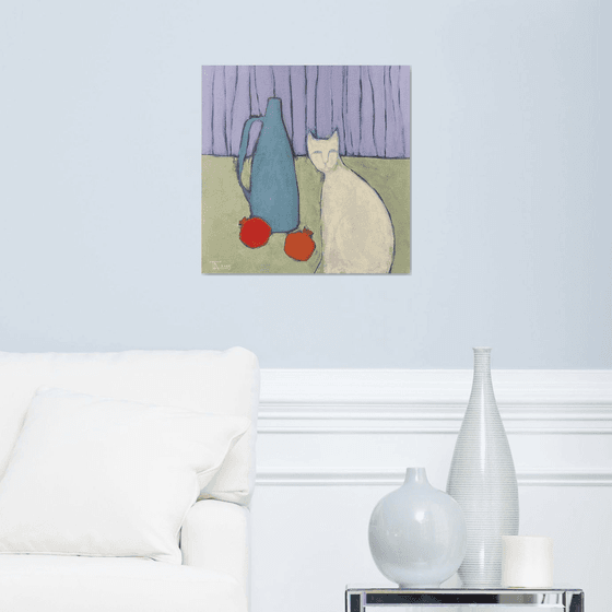 Still life and a white cat.