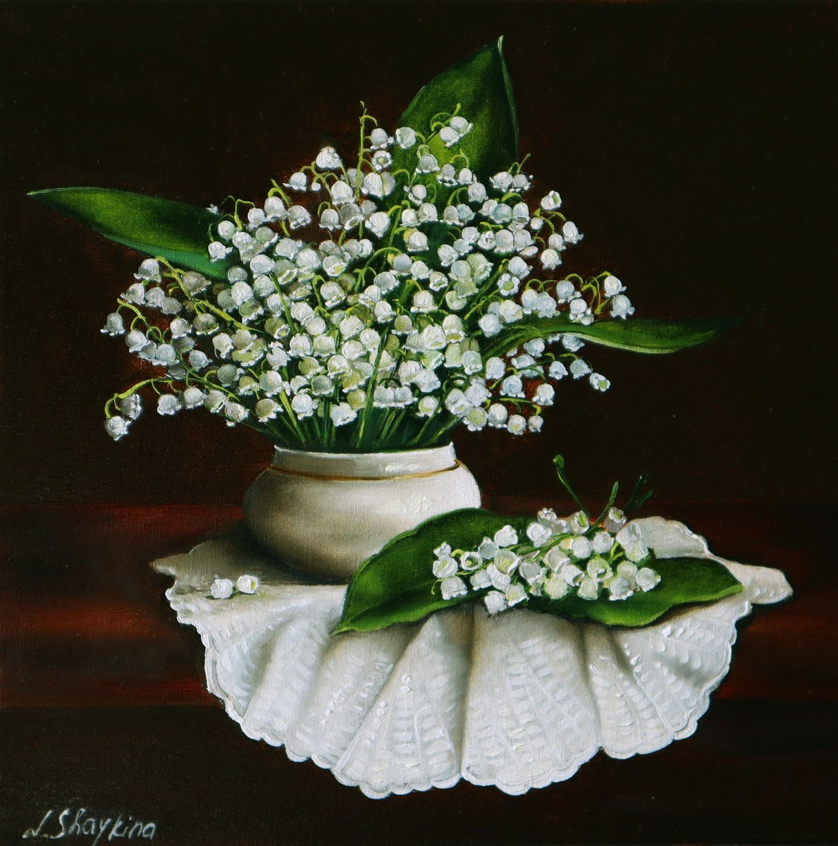 Photorealistic Botanical Oil Painting By Natalia Shaykina, 12 X 12", Dark Floral Lily Of The Valley Bouquet, Original Artwork