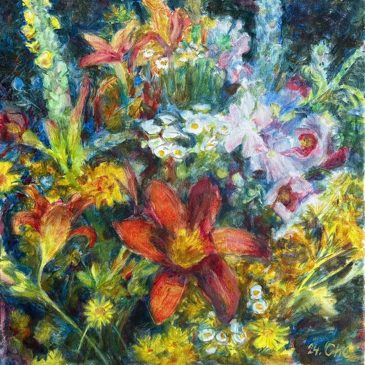 Impressionistic Botanical Oil Painting By Liudmyla Chemodanova, 16 X 16", Three Colors, Original Artwork
