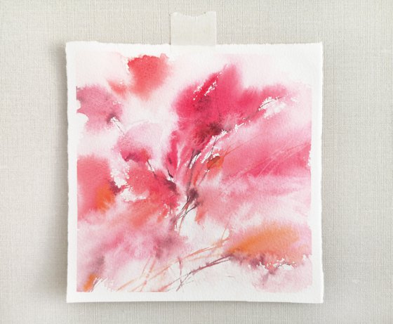 Pink abstract floral painting, small square art