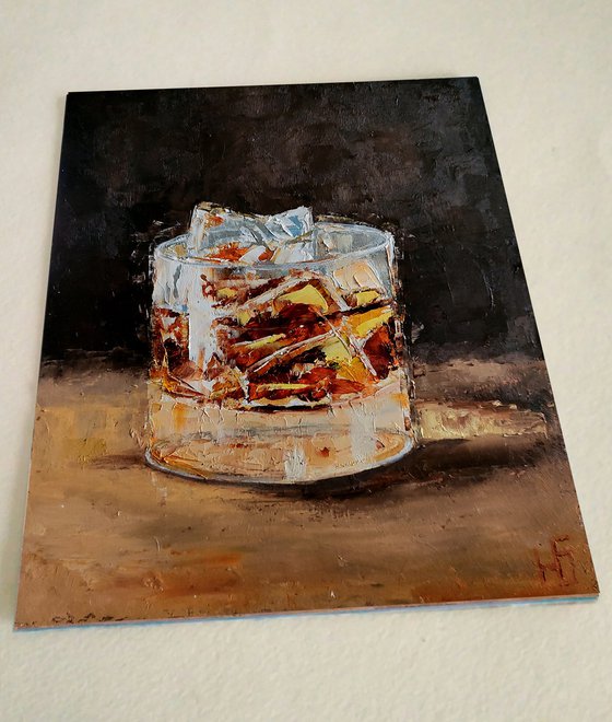 Glass of whiskey, Bourbon Painting Original Art Whiskey Ice Wall Art Cocktail Artwork