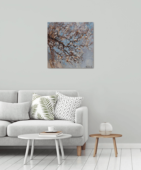 Flowering apricot tree Original oil painting